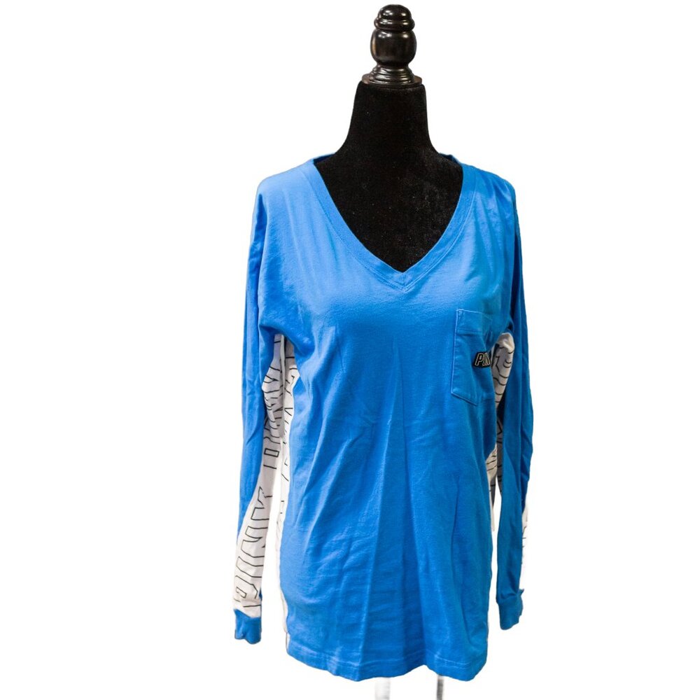 PINK Victoria's Secret Blue & White Long Sleeve Graphic Tee, Size X-Small